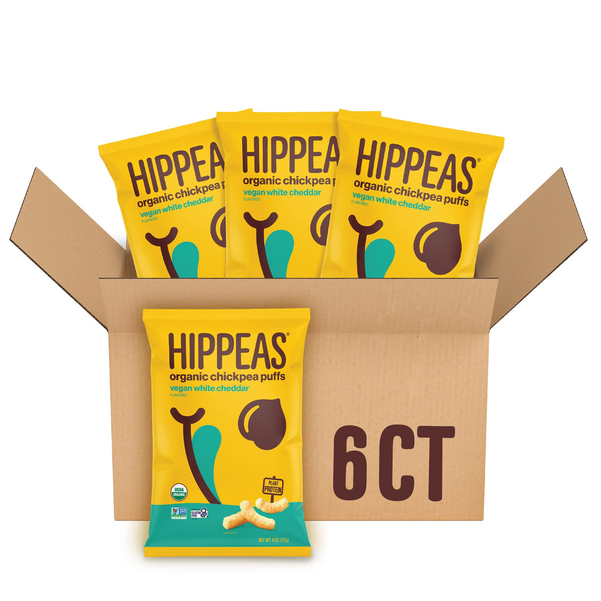 Hippeas Organic Chickpea Puffs, Vegan White Cheddar, 4 Ounce (Pack of 6), 4g Protein, 3g Fiber, Vegan, Gluten-Free, Crunchy, Plant Protein Snacks