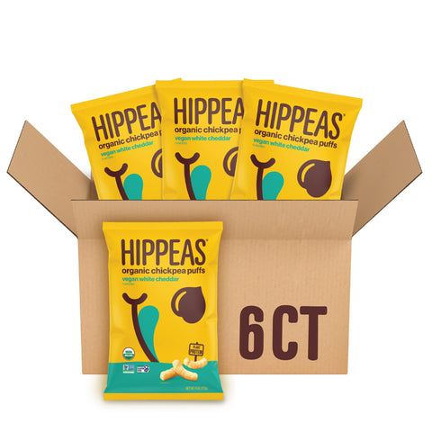 Hippeas Organic Chickpea Puffs, Vegan White Cheddar, 4 Ounce (Pack of 6), 4g Protein, 3g Fiber, Vegan, Gluten-Free, Crunchy, Plant Protein Snacks