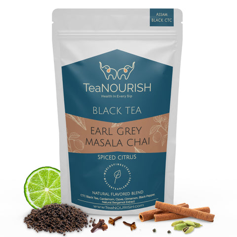 TeaNOURISH Earl Grey Masala Chai Tea | Spiced Citrus | Blend of Assam CTC, Cardamom, Cinnamon, Black Pepper, Clove, Natural Bergamot Extract | 100% NATURAL - 3.53oz/100g