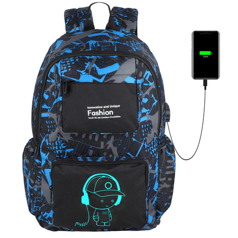 FLYMEI Backpack for Boys, Cool Luminous School Backpacks for Boys Kids Camo Bookbag for Middle School Bags Waterproof Travel Back Pack, Graffiti Blue-1