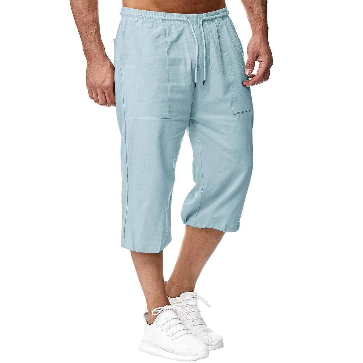 Sprifloral Mens Linen Shorts 3/4 Length Pants Summer Trousers Beach Yoga Joggers Casual Sweatpants Light Blue L