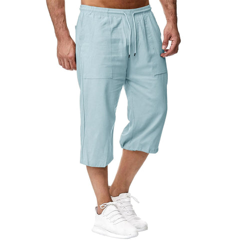 Sprifloral Mens Linen Shorts 3/4 Length Pants Summer Trousers Beach Yoga Joggers Casual Sweatpants Light Blue L