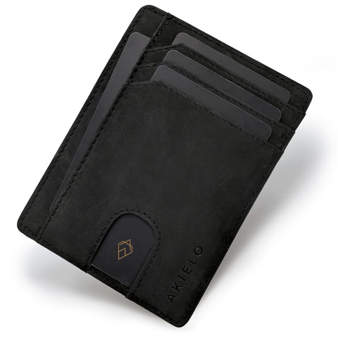 AKIELO RFID Blocking Credit Card Holder and Gift Box - Ultra Slim Wallet for Men - Minimalist Card Wallet (Bravo - Black Edition)