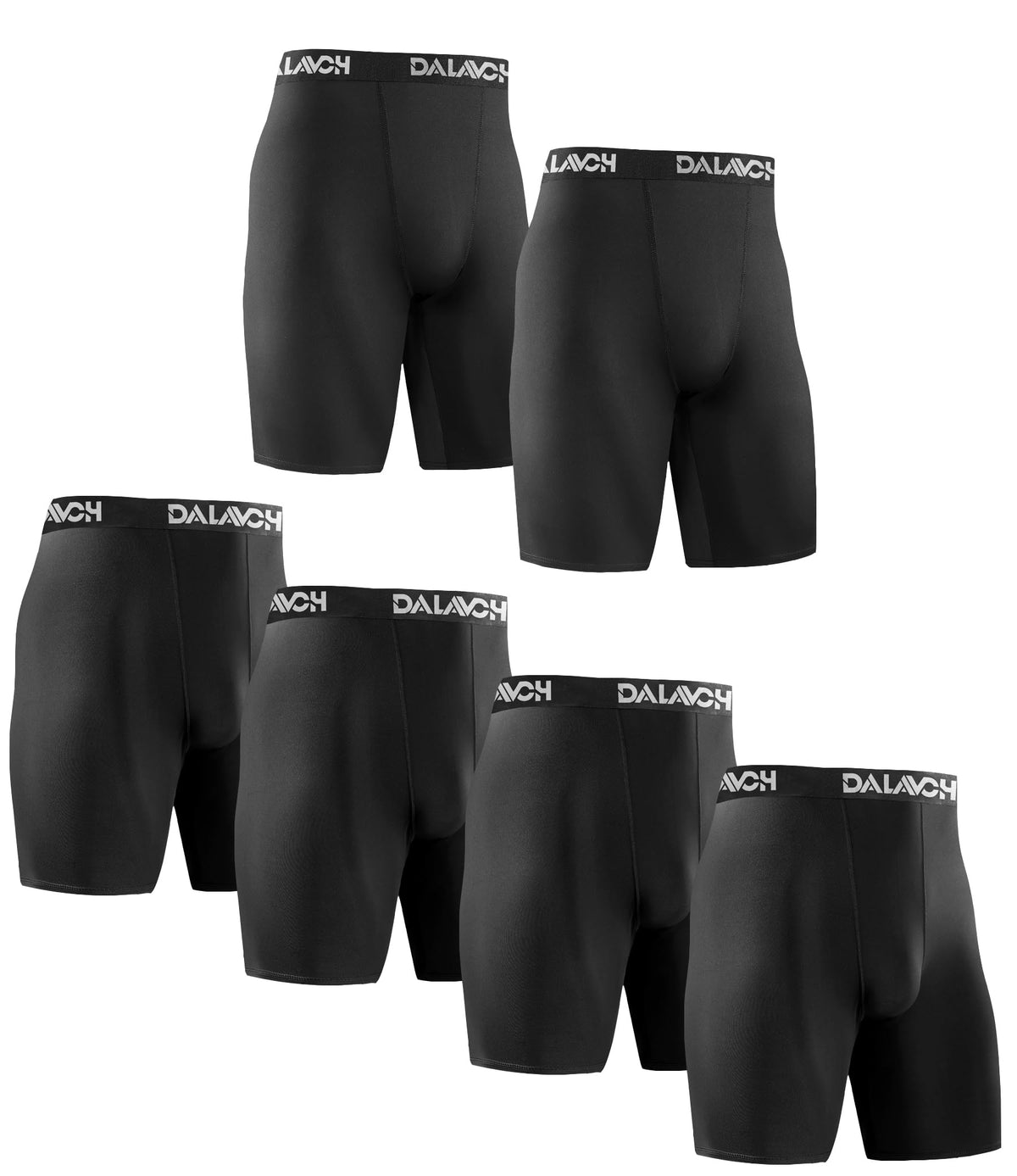Dalavch 6 Pack MenÃ¢â‚¬â„¢s Compression Shorts Athletic Sports Workout Baselayer Running Basketball Football Underwear 6 inch 4 Black and 9 inch 2 Black Large