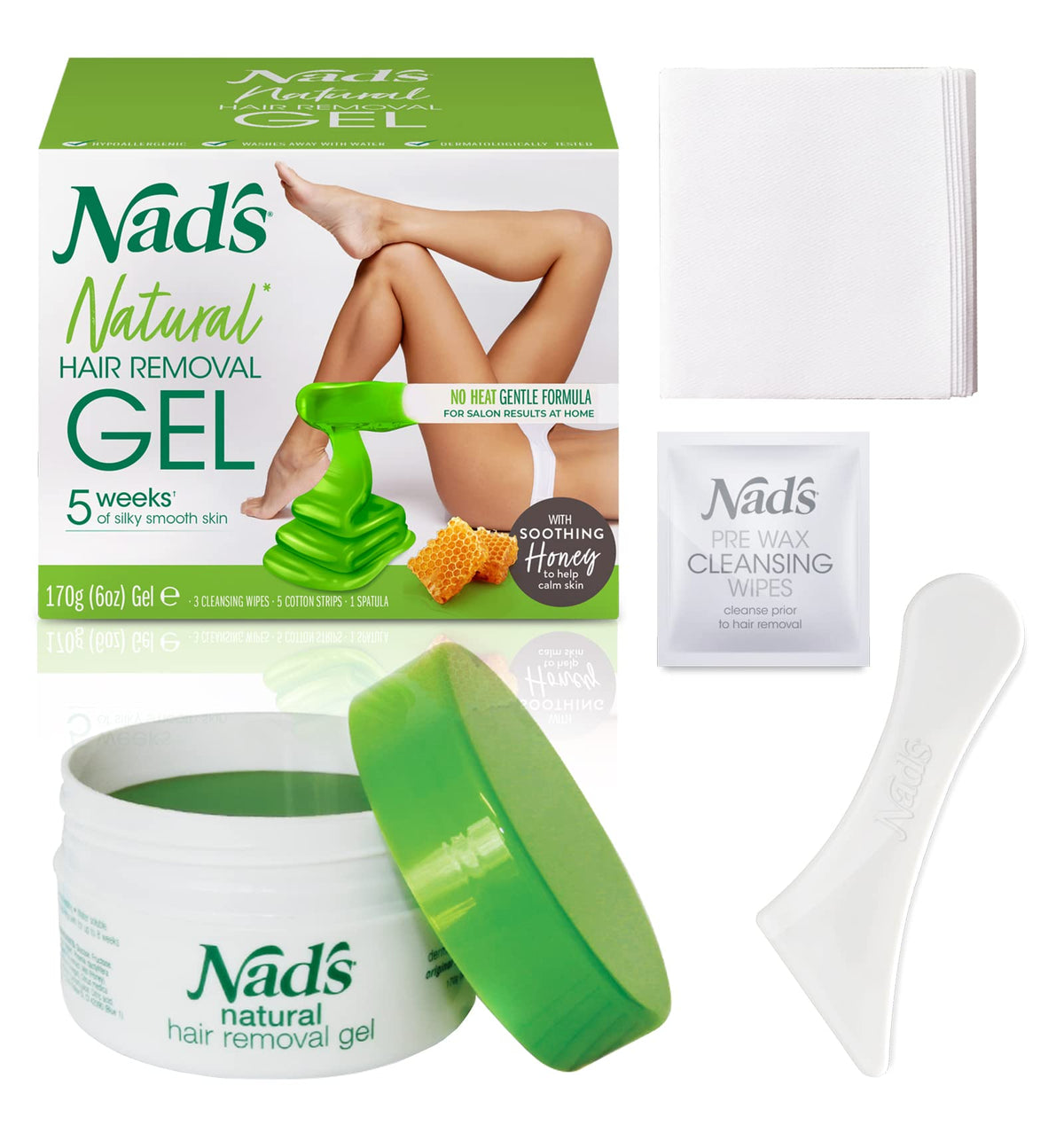 Nad's Original Natural Hair Removal Gel Wax Kit, Waxing Kit for Body, Arms, Bikini, Legs and Face, No-heat Formula, Includes 1 Spatula, 5 Reusable Cotton Strips, 3 Cleansing Wipes, Gel Wax 170g