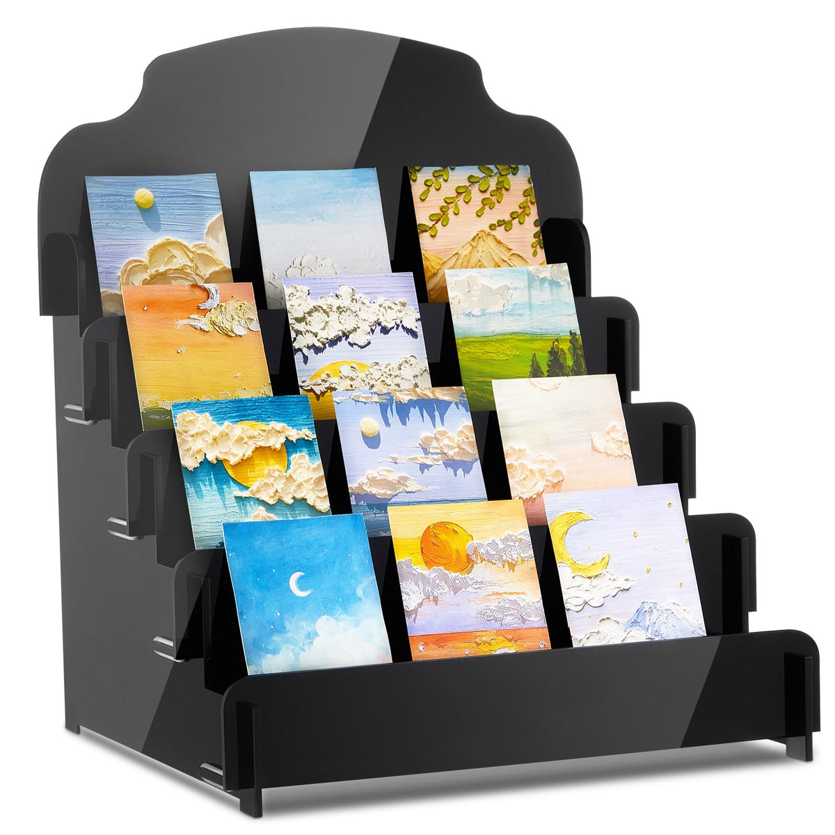 Menkxi 4 Tier Acrylic Greeting Card Display Stand Portable Sticker Display Stand Card Display Rack Card Holder Postcard Organizer for Retail Counter Desk Stamp Mail Photos Storage (Black,Small)