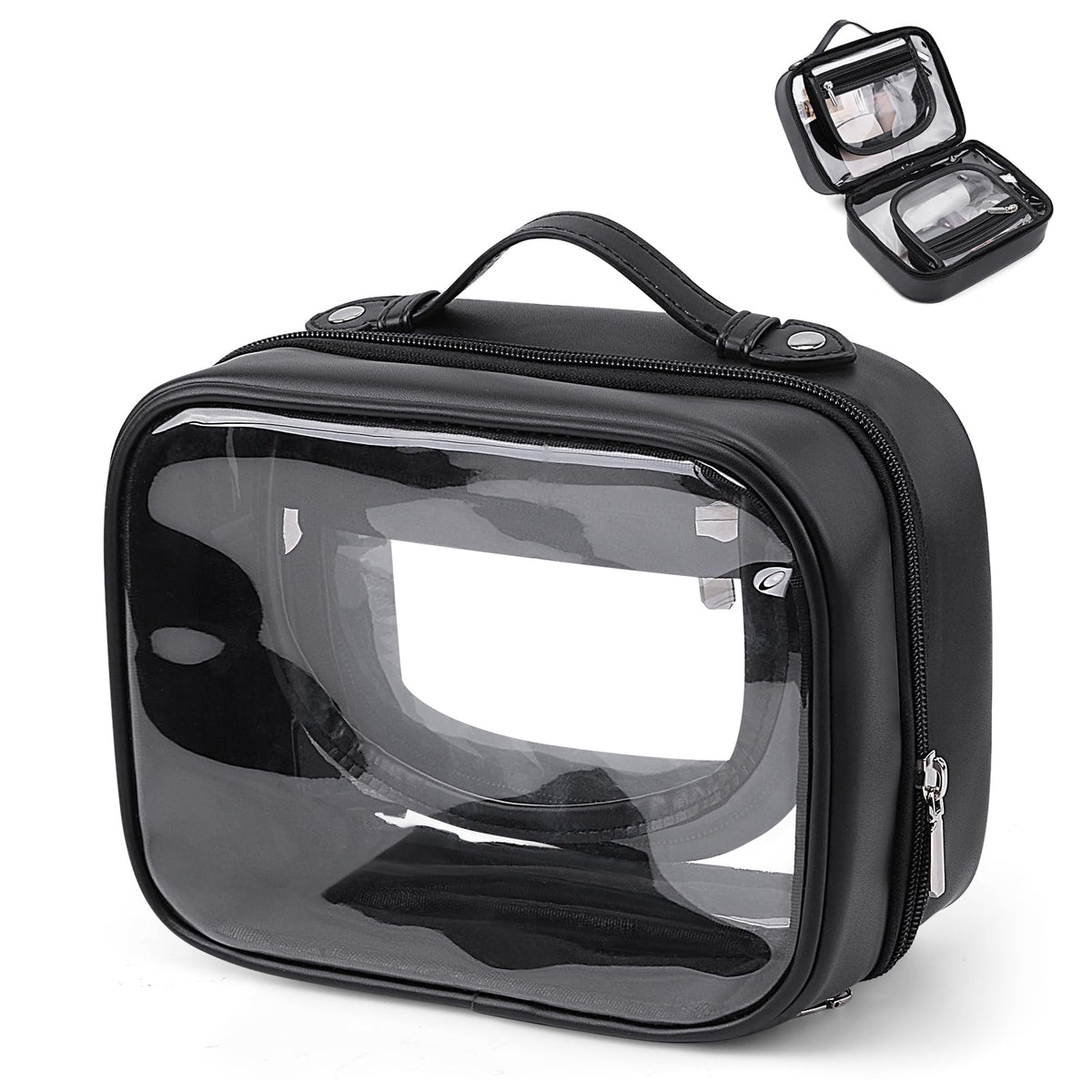 Juoxeepy Travel Toiletry Bag TSA Approved Makeup Bag Clear 2 Layer Cosmetic Bag with Handle Waterproof Transparent Makeup Organizer