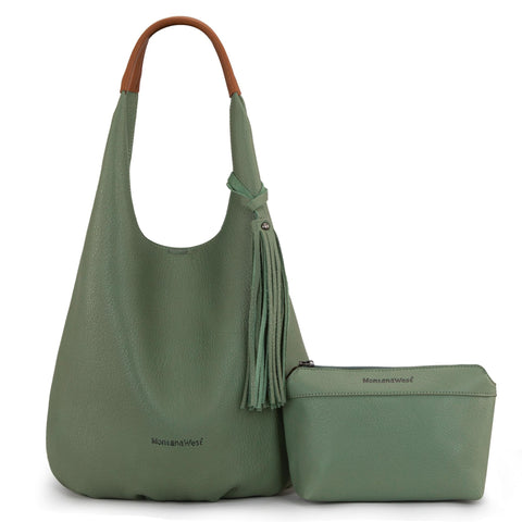 Montana West Slouchy Hobo Bags for Women 2PCS Tassels Handbags Shoulder Bag Set with Comestic Bag, A-green, One Size