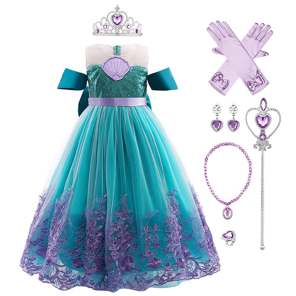 Kids Girls Little Mermaid Costume Ariel Princess Fancy Dress Up Birthday Party Halloween Christmas Carnival Cosplay Dresses + Crown + Jewelry Fairy Tales Outfit Set Dark Green 8-9 Years