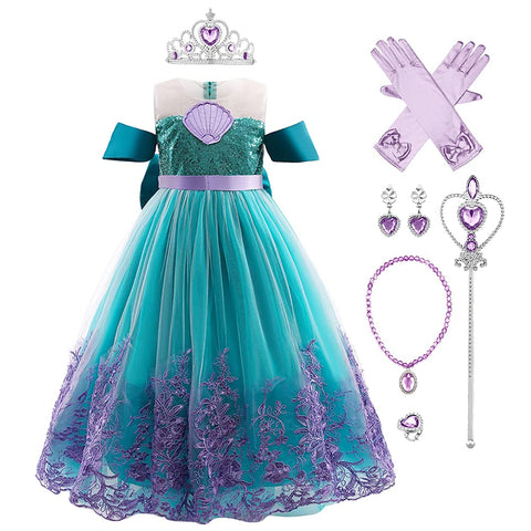 Kids Girls Little Mermaid Costume Ariel Princess Fancy Dress Up Birthday Party Halloween Christmas Carnival Cosplay Dresses + Crown + Jewelry Fairy Tales Outfit Set Dark Green 8-9 Years