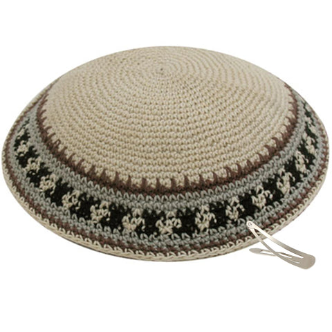 Zion Judaica Quality Hand Knit Kippah Srugah Beige Elegance Geometric Pattern Yarmulke Simple Design Yamaka Hand Made Fine Knitted Yarmulkes