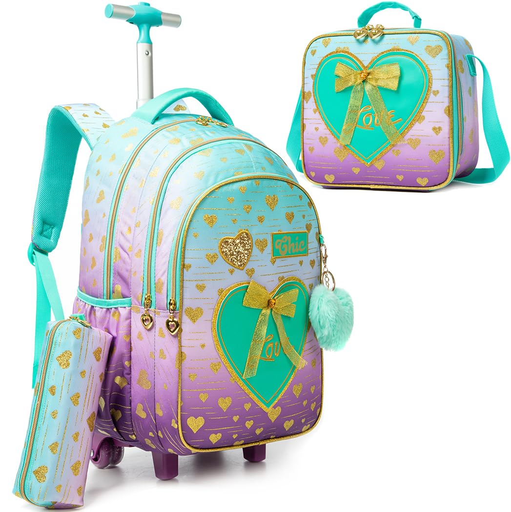 Meetbelify Rolling Backpack for Girls Kids Backpacks with Wheels for Elementary Students Girls Carry on Backpack with Lunch Box 3 in 1 Travel Suitcase Trip Luggage for Girls Ages 6-8