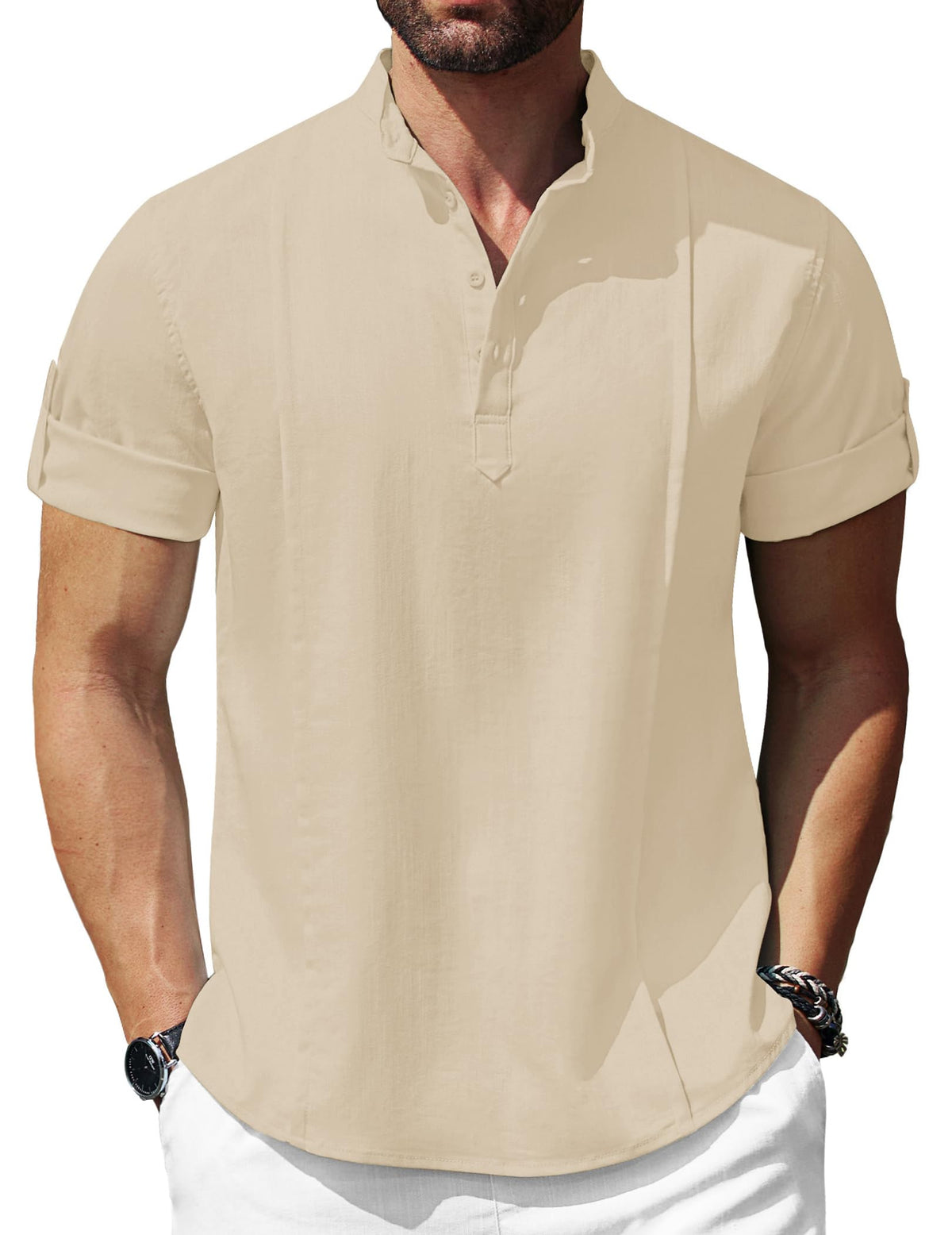 COOFANDY Men's Casual Henley Shirt Band Collar Short Sleeve Shirt Linen Beach T Shirts Lightweight Linen Henley Summer Resort Hippie Tops Khaki