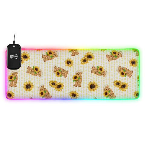 Cute Bear Holding Sunflowers Wireless Charging Mouse Pad for Mobile Phone Extra Large Gaming Mousepad with 13 Lighting Modes Extended Desk Mat for Gaming MacBook PC Laptop Desk Home Office