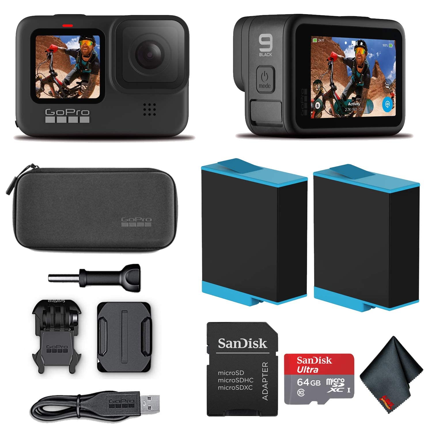 GoPro HERO9 Black - Waterproof Action Camera with Front LCD and Touch Rear Screens, 5K HD Video, 20MP Photos, 1080p Live Streaming, Stabilization + Sandisk 64GB Card and Extra Battery