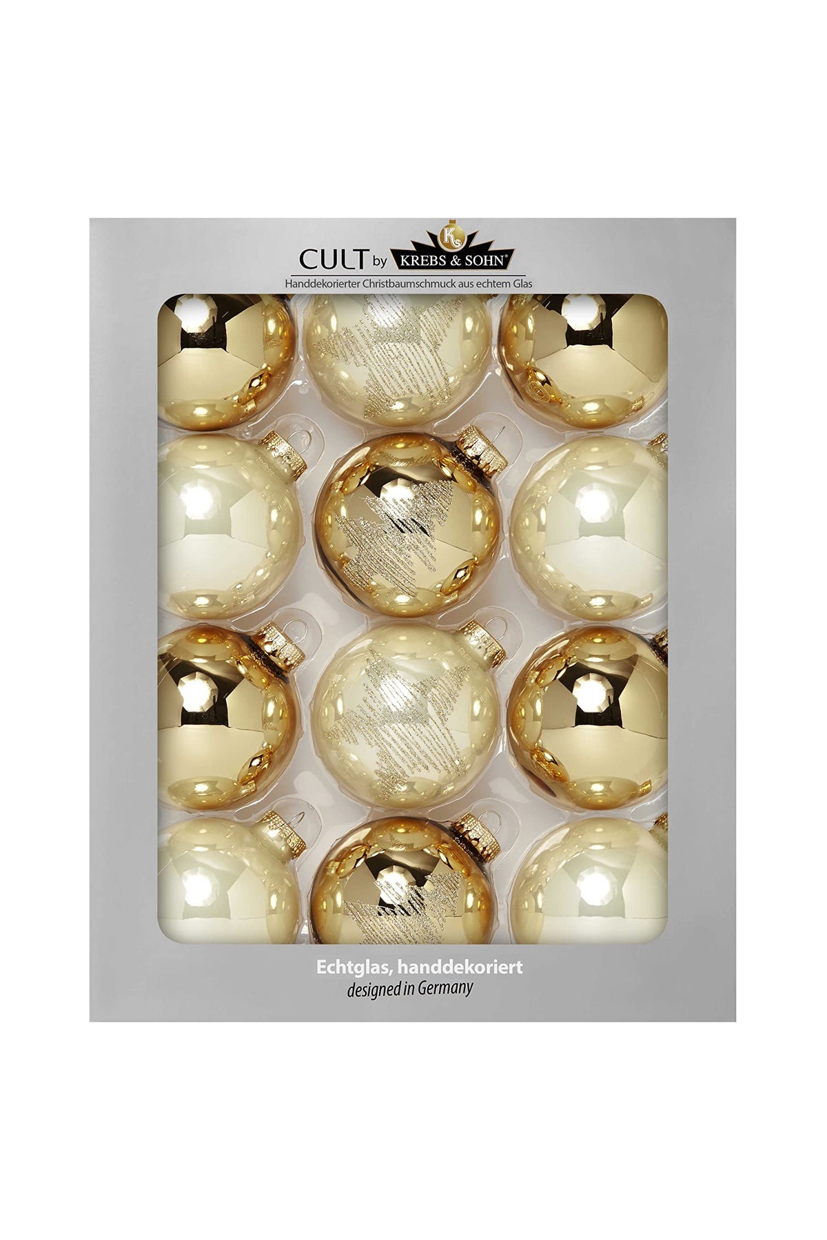 Krebs & Sohn Set of 12 Glass Baubles - Christmas Tree Decorations for Hanging - Christmas Tree Baubles Assortment - Gold Ivory