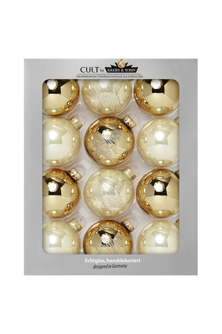 Krebs & Sohn Set of 12 Glass Baubles - Christmas Tree Decorations for Hanging - Christmas Tree Baubles Assortment - Gold Ivory