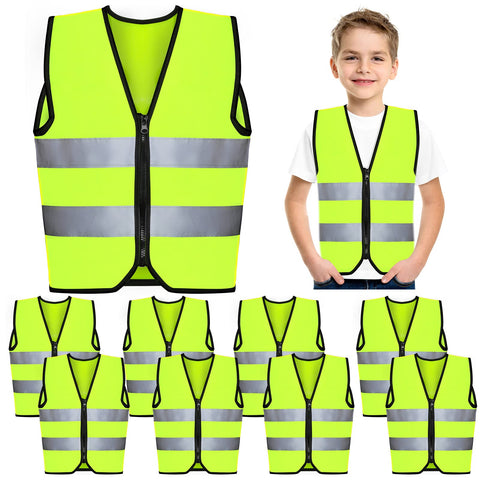 Unittype 10 Pcs Kids Safety Vest Bulk High Visibility Reflective Vest with Zipper Neon Traffic Vest for Aged 3-10 Children(Fluorescent Green)