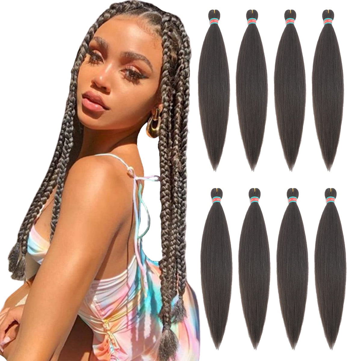 RUN SHUI 8 Packs Braiding Hair,24 Inch Yaki Texture Braiding Hair Pre Stretched,Knekalon Braid Hair Extensions, Hot Water Setting Hair Braids(24''-8packs,4)