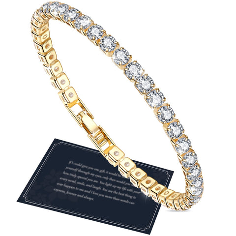 J.FÃ©e Tennis Bracelets for Womens Gold Tennis Bracelet Gold-plated Bracelet,4MM Crystal Bracelet,5A Cubic Zircon Bracelet,Gold Bracelet for Women Sister Women Bracelet Birthday Gifts for Women,19.5cm