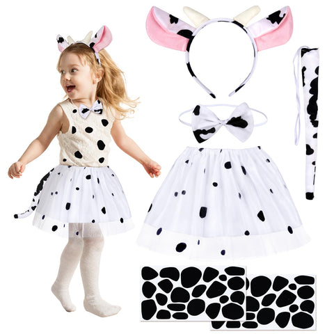 HONMOK 5 Piece Kids Cow Halloween Costume, Cow Outfit with Tutu Skirt Cow Ears Headband Bowtie Tail Stickers, Cow Animals Fancy Dress for 3-10y Girls Halloween Nativity Pretend Play Party