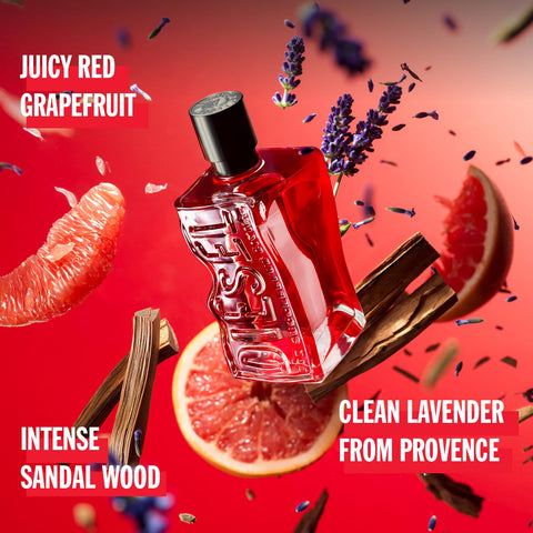 Diesel D RED Eau de Parfum Spray Cologne for Men, Fougere, Notes of Red Grapefruit and Sandal Wood, 3.4 Fl Oz