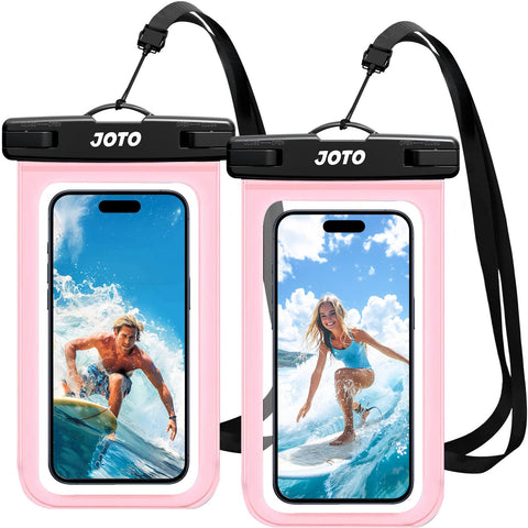 JOTO 2 Pack Waterproof Phone Pouch, IPX8 Underwater Phone Case for Swimming Snorkelling, Dry Bag for iPhone 15 14 13 Pro Max, Galaxy S24 S23 Ultra Pixel to 7", Beach Essential -Clearpink