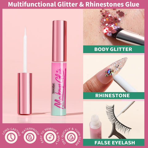Teenitor Body Glitter with Skin Glue Set, 4 Bottle Face Glitter Makeup & 2 Box Face Gems for Women, Iridescent White Body Glitter Face Glue for Rhinestones for Makeup, Nail Gems with Wax Pencil