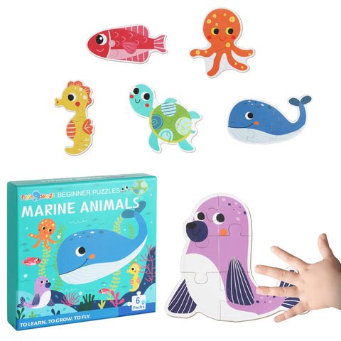 FLYINGSEEDS 6 Packs Marine Animals Shaped Wooden Jigsaw Puzzles, Beginner Puzzles for Toddlers, Montessori Learning Toys Preschool Educational Activity for Kids Ages 3 4 5 with Pattern Blocks