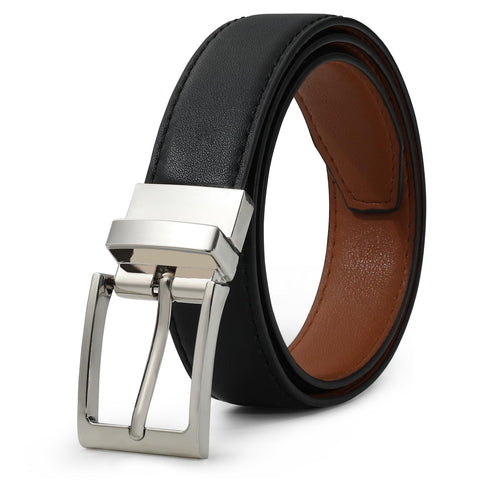 AWAYTR Reversible Kids Belts for Boys - Black and Brown Leather Belt for School Uniform Casual Jeans (90cm,Silver)