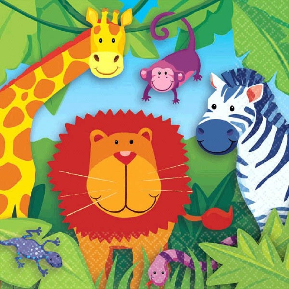 Amscan Colorful Jungle Animals Birthday Party Lunch Napkins Party Supply, 6-1/2 x 6-1/2", Multi