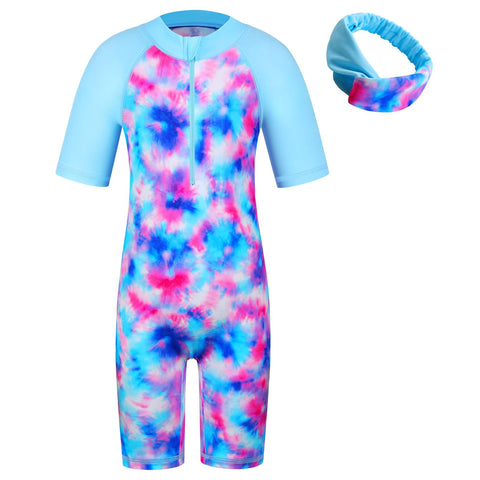 BAOHULU Girls Swimsuit UPF 50+ UV One Piece Swimwear Zipper Rashguard Bathing Suit with Hairband S428_TieDyeBlue_14A