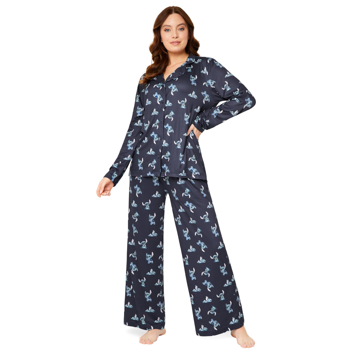 Disney Stitch Womens Pyjamas Set Nightwear Button Front Long PJs Lounge Set S-XL Women Teenagers Stitch Gifts (Navy, XL)