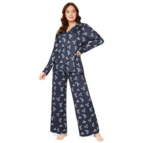 Disney Stitch Womens Pyjamas Set Nightwear Button Front Long PJs Lounge Set S-XL Women Teenagers Stitch Gifts (Navy, S)