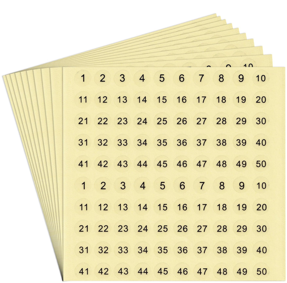 dealzEpic - Transparent Self-Adhesive Number Stickers 1-50 | Clear Round Numeric Labels for Items Numbering, Inventory & Storage Organization | Pack of 10 Sheets
