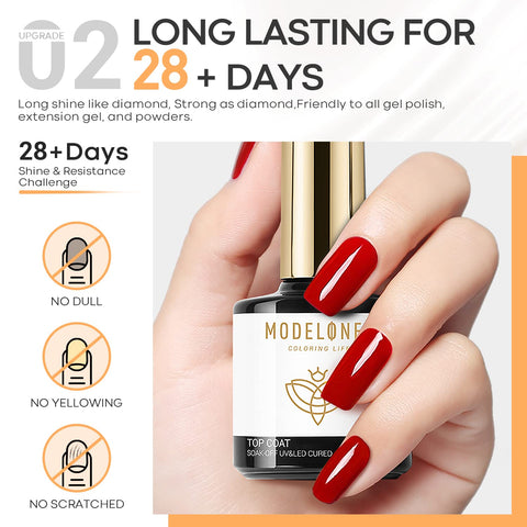 Modelones Gel Top Coat and Base Coat, 2Pcs 10ml Gel Nail Polish No Wipe Top and Base Coat Set, Glossy Shine Long Lasting LED Soak Off For Home DIY and Nail Salon