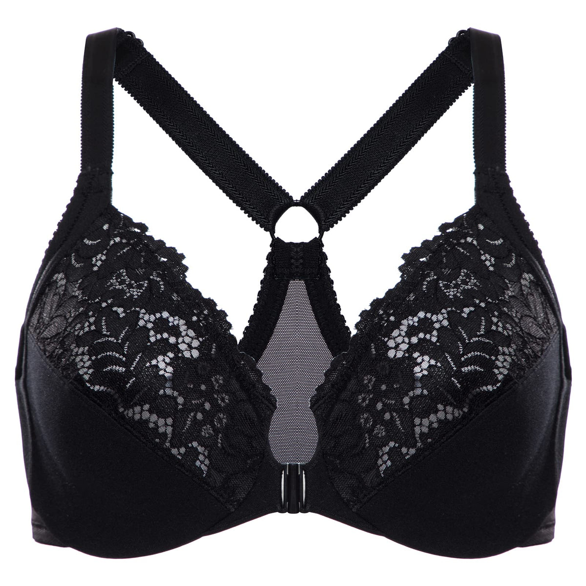 DELIMIRA Women's Front Closure Plus Size Full Coverage Lace Underwire Racerback Bra Black 38C