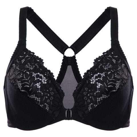 DELIMIRA Women's Front Closure Plus Size Full Coverage Lace Underwire Racerback Bra Black 34DD