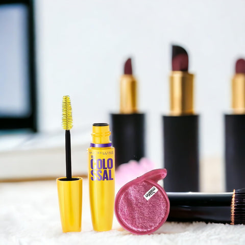 Mascara Waterproof, Volumizing & Lengthening, The Colossal Mascara, Glam Black - Bundle with Moofin Makeup Cleansing Cloth, Water-Resistant, Coconut Oil Enriched, Easy Wash [1-Pack]