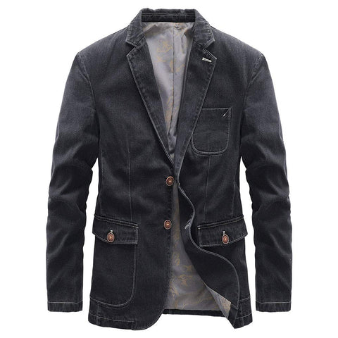 ebossy Men's Retro Wash Slim Two Button Denim Blazer Jacket Casual Sport Coat (Medium, Black)