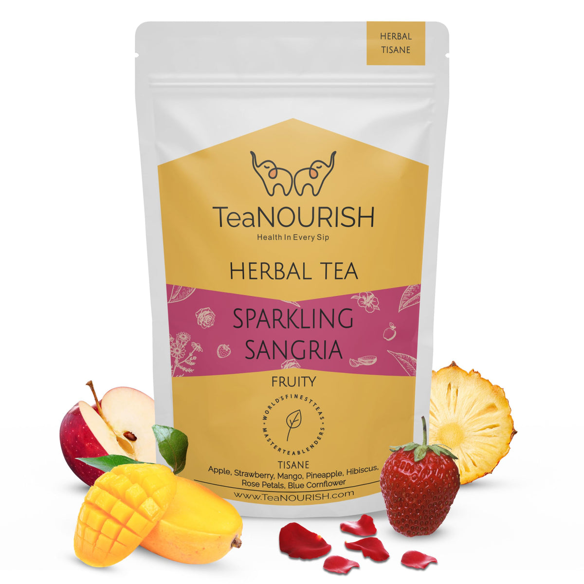 TeaNOURISH Sparkling Sangria | CAFFEINE-FREE Herbal Tea | Refreshing and Fruity | 100% Natural Apple, Strawberry, Mango, Pineapple, Hibiscus | Brew Hot or Iced - 3.53oz/100g