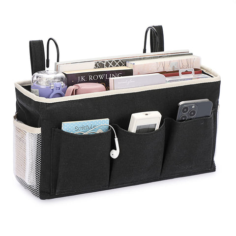 IGNPION Canvas Bedside Hanging Storage Pockets with Metal Hanging Hook Adjustable Hanging Tape Dormitory Bed Organiser Caddy Mulit-purpose Hanging Storage Bag for Home Office School Hospital,Black