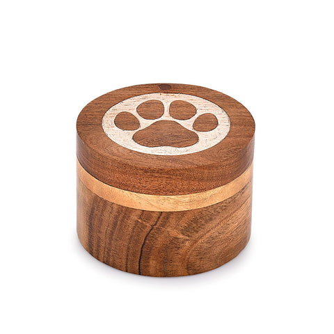Samhita Acacia Wood Decorative Urns Round Shape White Paws Design Urn for Ashes for Dogs, Pet Urns for Cats (3.5" x 3.5" x 2.5")