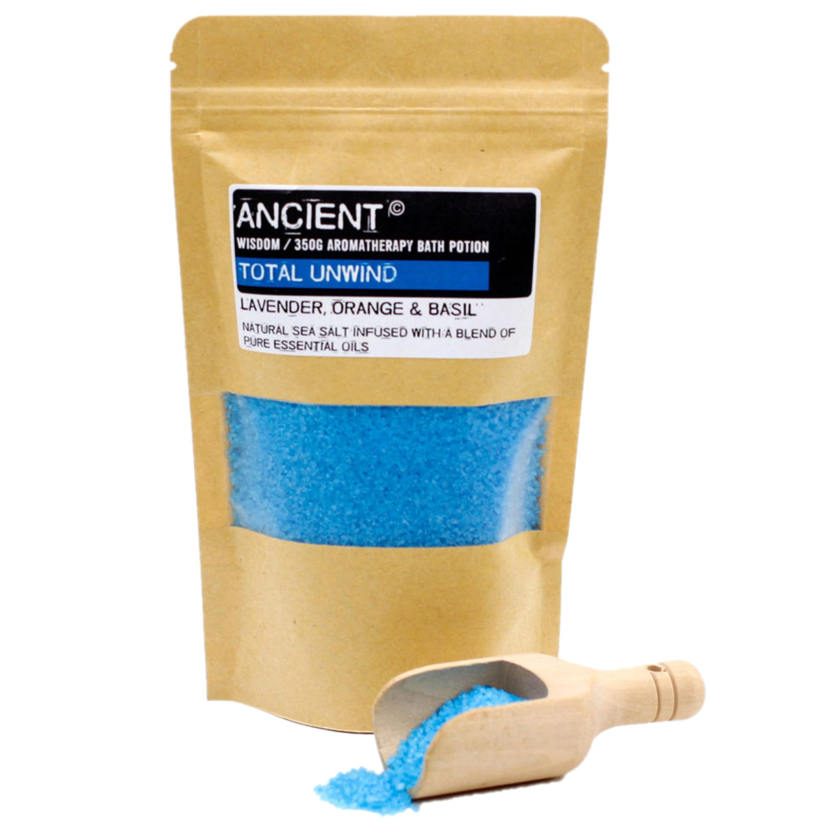 Total Unwind Natural Sea Salt & Pure Essential Oils. Soothing Aromatherapy Bath Salt, Deep Soak, Muscle Relief Potion: 350g Resealable Pouch - Lavender & Orange