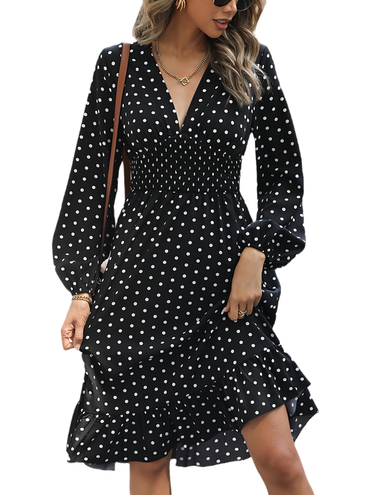 Women's Polka Dot Long Sleeve Dress Street Temperament Deep Vneck Slim Dress Bohemian Style Dress Black XXL