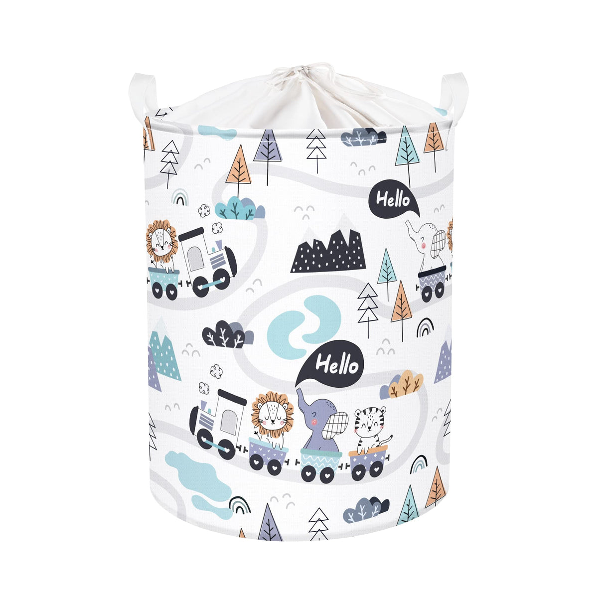 Clastyle 45L Urban Traveling Animals Baby Washing Basket Elephant White Round Kids Laundry Basket Lion Tiger Train Toy Storage Basket for Nursery Room, 14.2x17.7 in