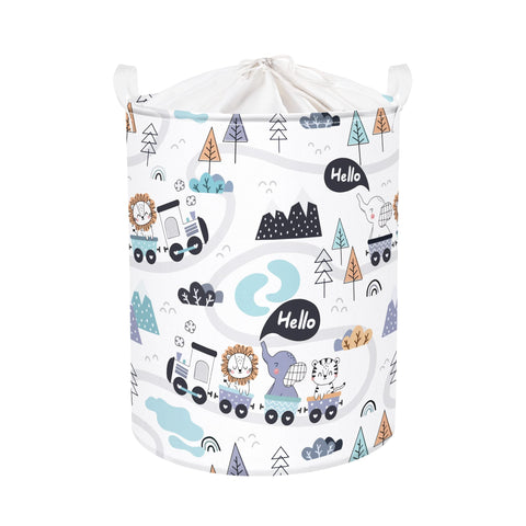 Clastyle 45L Urban Traveling Animals Baby Washing Basket Elephant White Round Kids Laundry Basket Lion Tiger Train Toy Storage Basket for Nursery Room, 14.2x17.7 in