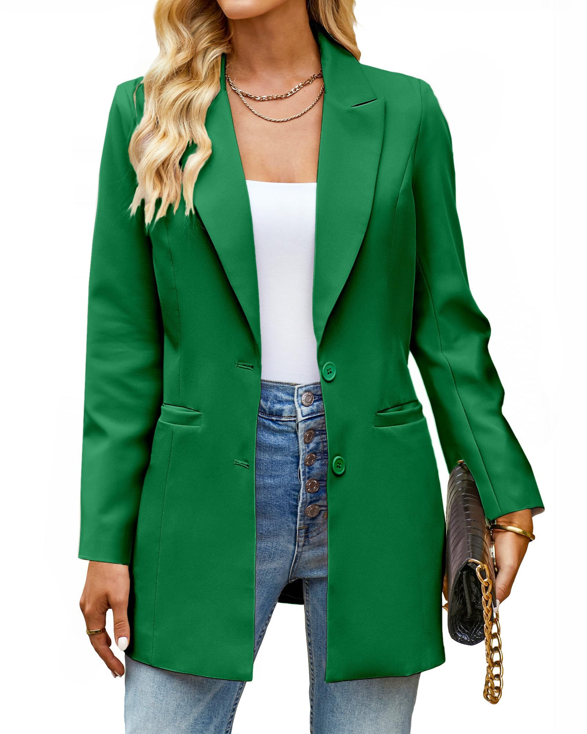 luvamia 2024 Blazers for Women Business Casual Long Blazer Jackets Dressy Work Professional Office Outfits Lapel Pockets Summer Blazers for Women Lightweight Kelly Green Size Large Size 12 Size 14