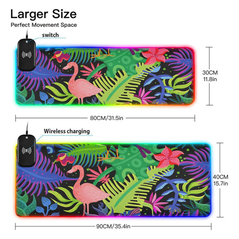 Flamingo Leaves Wireless Charging Mouse Pad for Mobile Phone Extra Large Gaming Mousepad with 13 Lighting Modes Computer Mat for Office Home Gaming MacBook PC Laptop Desk