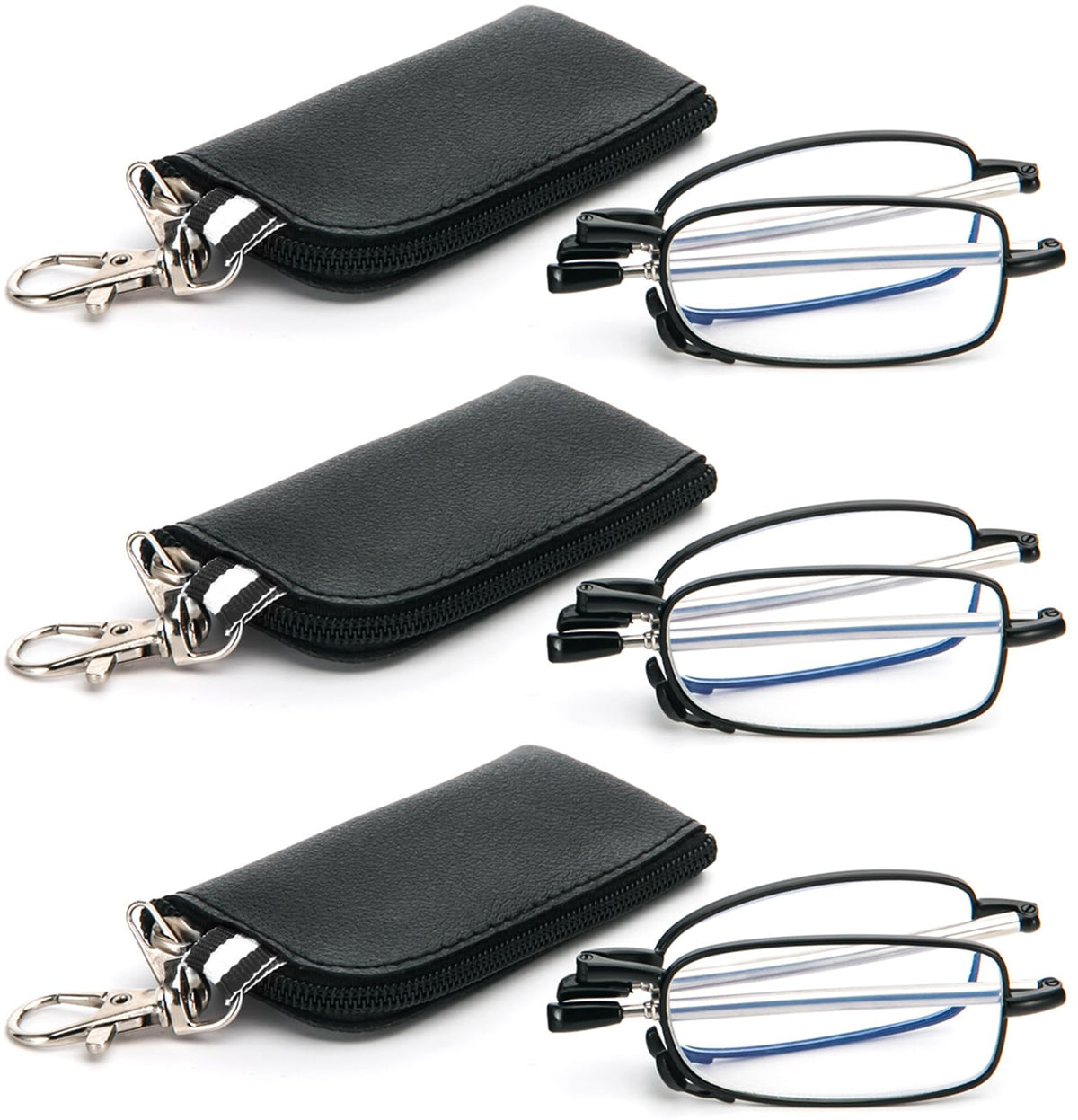 REAVEE 3 Pack Folding Reading Glasses with Keychain Compact Bags Women Men Blue Light Blocking Spring Hinge Portable Pocket Readers,Black 0.5